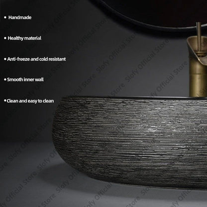 Retro-Kunst-Keramikwaschbecken, mehrere Stile, schwarzes Waschbecken, Einzelschüssel, Low-Key-Luxus-Aufsatzwaschbecken für Haushalt, Hotel, Badezimmer