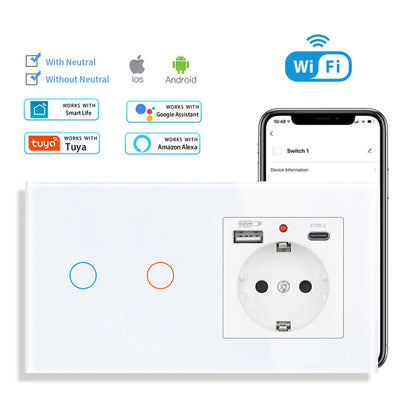 SRAN Smart Switch mit Wandsteckdose 16A EU, Tuya Smart Life Home Touch Sensor WiFi Lichtschalter Weiß