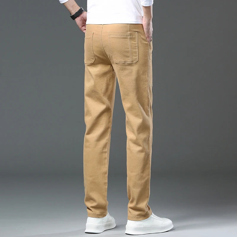 Spring and Autumn Men's Multi-Pocket Design Jeans Fashionable and Versatile White Khaki Red Comfortable Stretch Denim Pants.
