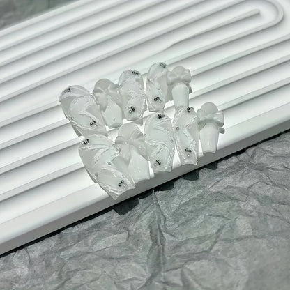 Ribbon Pearl Handmade Wearable Nail Elegant White Swan Hand-painted Embossed Nail Art White Wearable False Nails Students Gift.