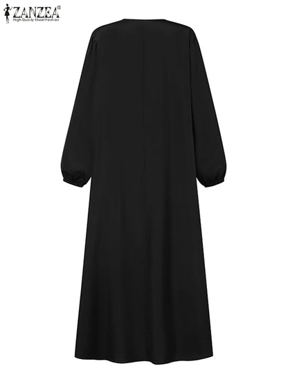 Women Autumn Muslim Long Dress Abaya Long Sleeve Hijab Vestidos Islamic Robe Femme ZANZEA Vintage Ramadan Maxi Sundress Kaftan.