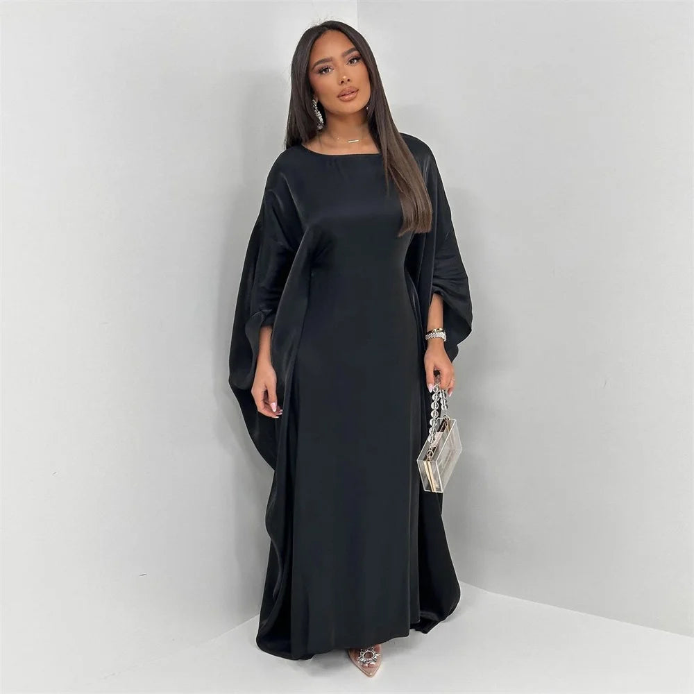 Siskakia Muslim 2024 New Eid Dresses Solid Shiny Satin Batwing Sleeve Modest Kebaya Turkish African Women Abayas Saudi Clothing.