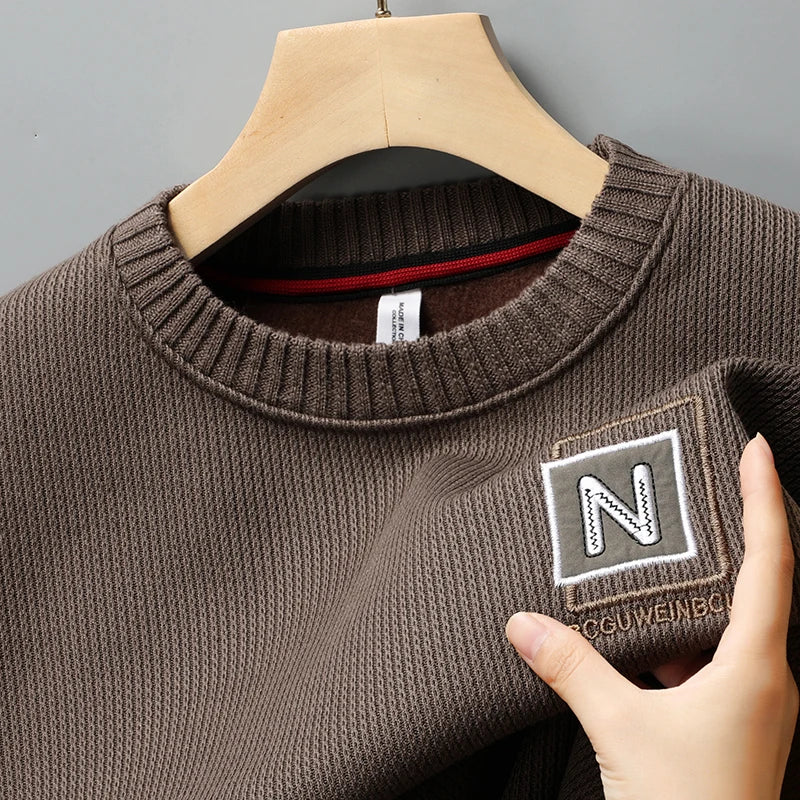New Men's Fashion Sweater Autumn Winter Fleece Lined Clothes Thickened Pullover Crew Neck Knitted Pullovers Knitwear.
