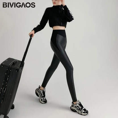 BIVIGAOS Herbst Neue Enge Stretch Leder Hosen Frauen Sharkskin Hohe Taille Spleißen PU Leder Fleece Sexy Leggings Winter Warm