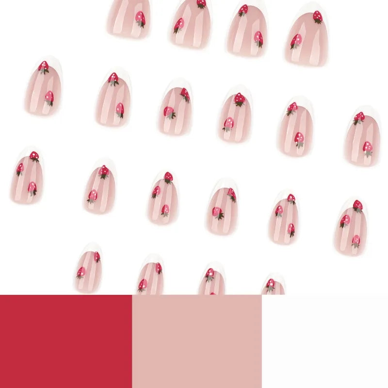 24 Pcs French White Press on Nails Cute Short Almond Self-nail Strawberry Decorations for Nail Tips False Nails with Sticky Tabs.