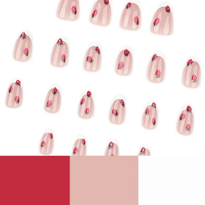 24 Pcs French White Press on Nails Cute Short Almond Self-nail Strawberry Decorations for Nail Tips False Nails with Sticky Tabs.