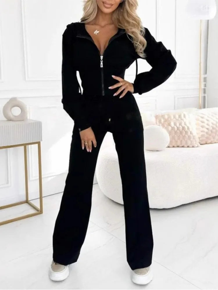 Women's Casual Set Fashion Sports Hooded Zip Tops+High Waist Wide Leg Pants 2 Piece Sets For Women Holiday Clothes Autumn Winter.