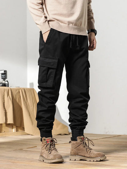 2024 New Winter Cargo Pants Men Multi-Pockets Drawstring Fleece Liner Thick Warm Overalls Joggers Casual Cotton Thermal Trousers