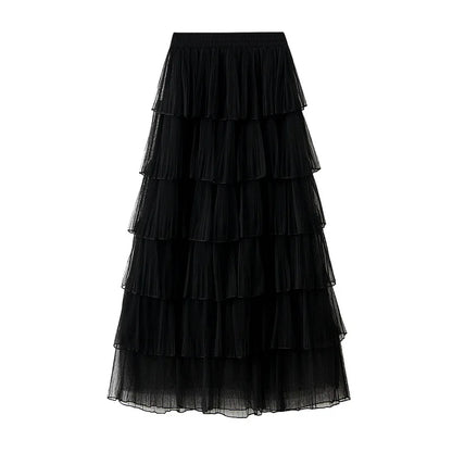 Beiyingni Woman Mesh Long Midi Cake Skirt Solid Color Elegant French Tiered Fairy Tulle Skirts Khaki Casual High Waist Faldas.