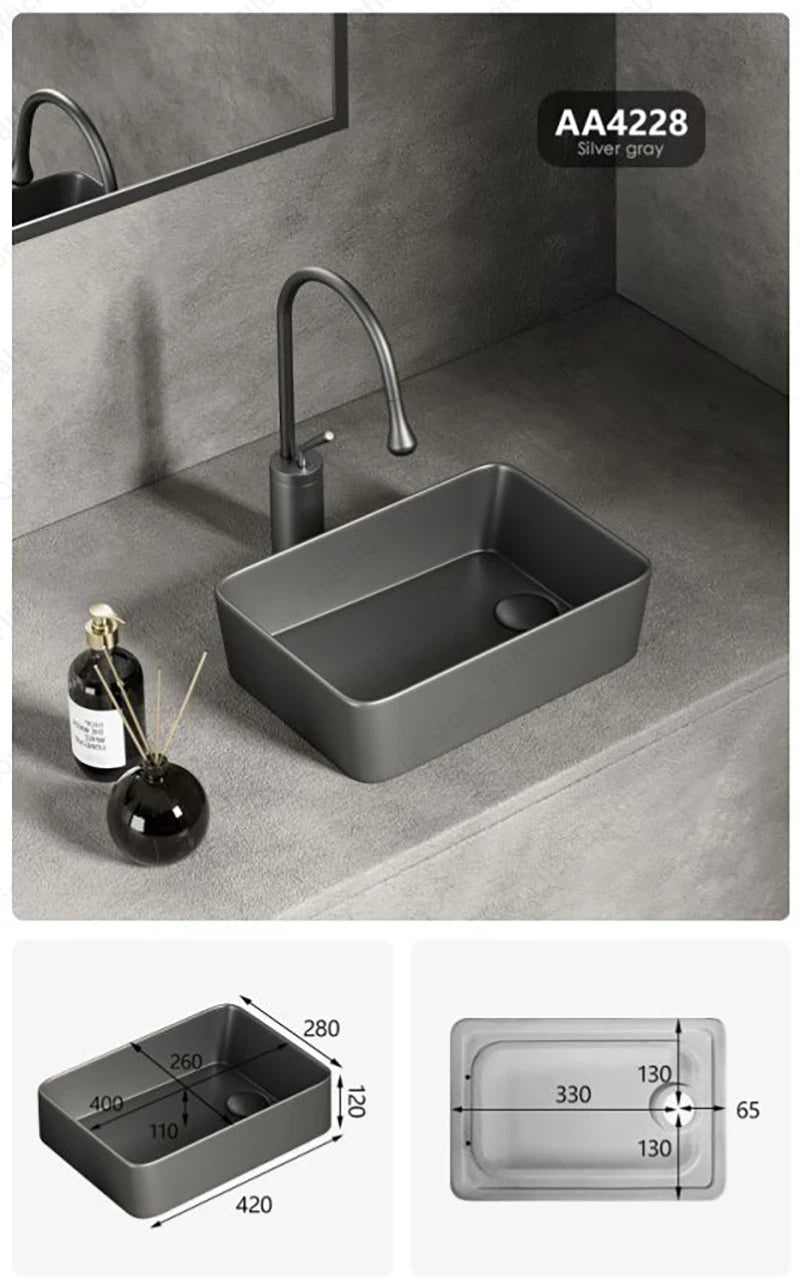 Rechteckiges silbergraues Porzellan-Keramikgefäßwaschbecken über der Theke, Toilette, Badezimmer-Schminktisch, Waschbecken, glasiertes weißes Waschbecken