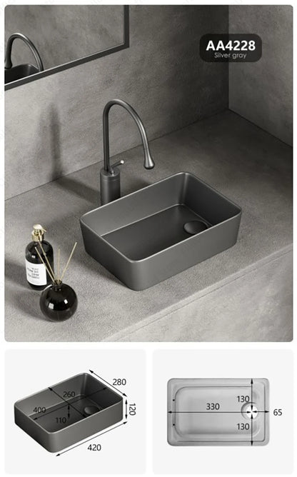 Rechteckiges silbergraues Porzellan-Keramikgefäßwaschbecken über der Theke, Toilette, Badezimmer-Schminktisch, Waschbecken, glasiertes weißes Waschbecken