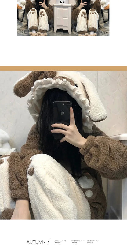 Cute Little Bear Pajamas for Women Thick Warm Fleece Home Wear Set Autumn Nightgown Girls 2025 New Winter Nightclothes 2Pcs.