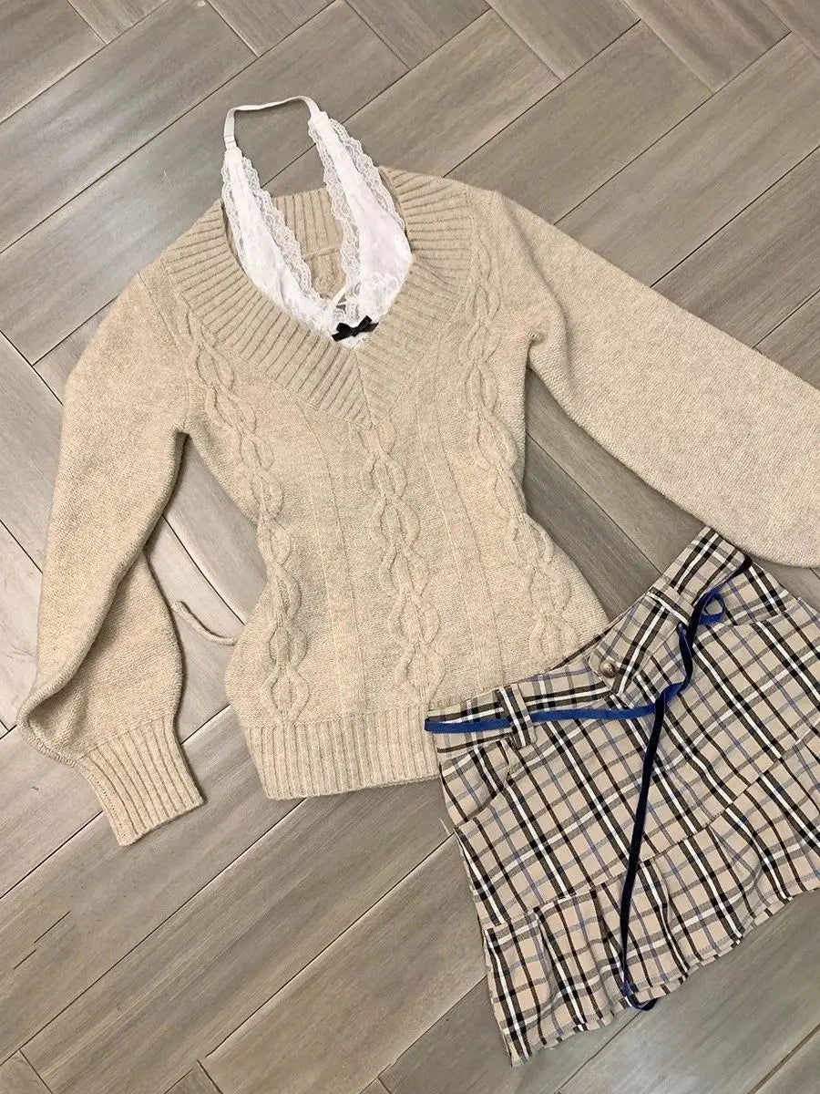 Chic Gothic Slim Sexy Strickpullover Soft Kint Pullover Langarm Skinny Tops Y2k Design Streetwear V-Ausschnitt Fairy Grunge.