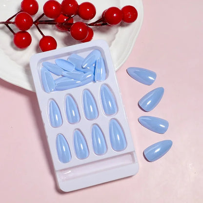 24pcs Blue Glossy Almond Press on Nails Long Girls Reusable Adhesive Artificial False Nails Cheap Acrylic Full Cover Nail Tips.