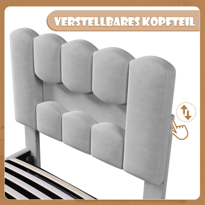 Modernes Polsterbett, 90 x 200 cm, ohne Matratze, LED-Beleuchtung, mit hydraulischem Gerät, verstellbarer Kopfteil, Samt, Grau