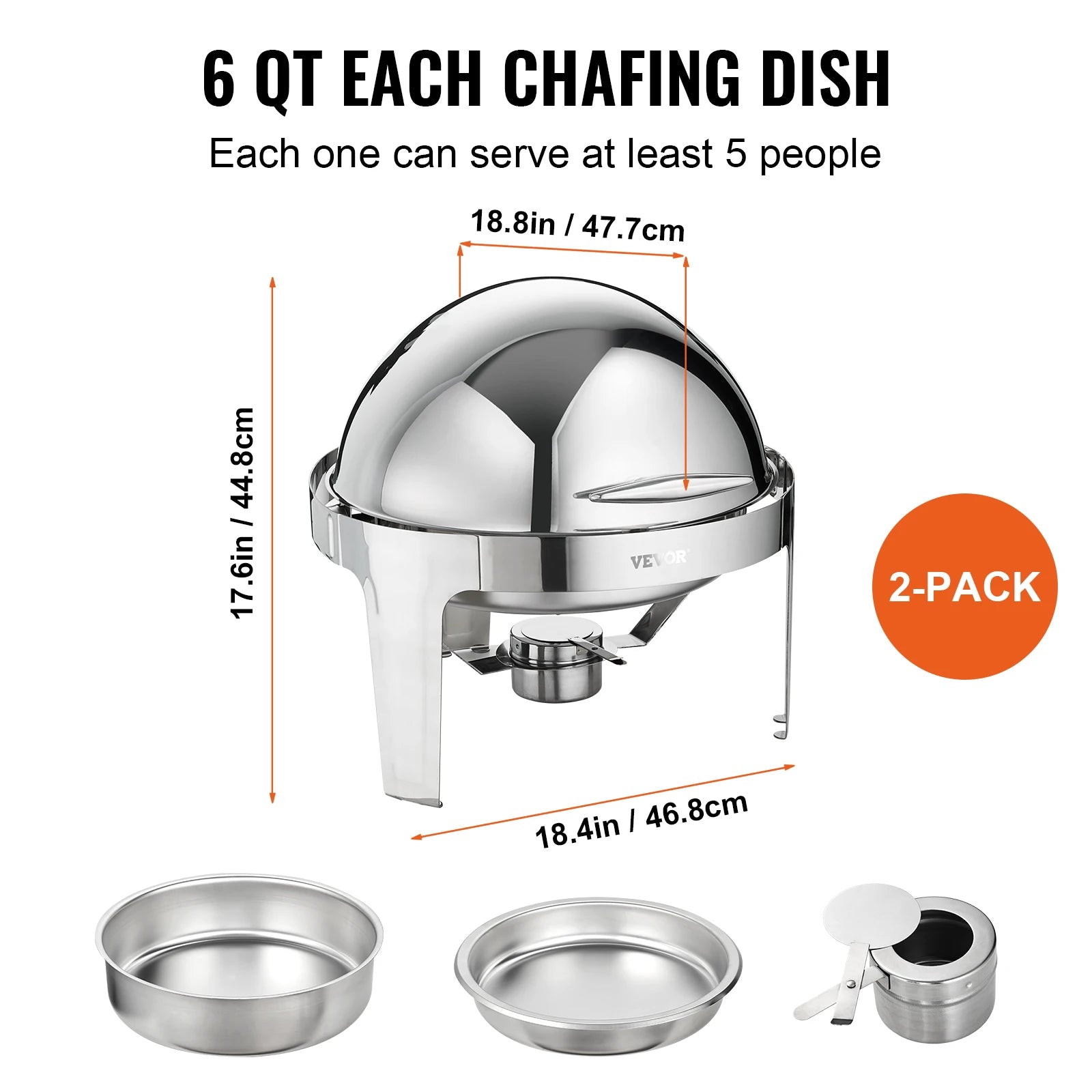 SucceBuy Roll Top Chafing Dish Buffet Set 6 Qt 2 Pack Stainless Steel Chafer with 2 Full Size Pans Round Catering Warmer Server.
