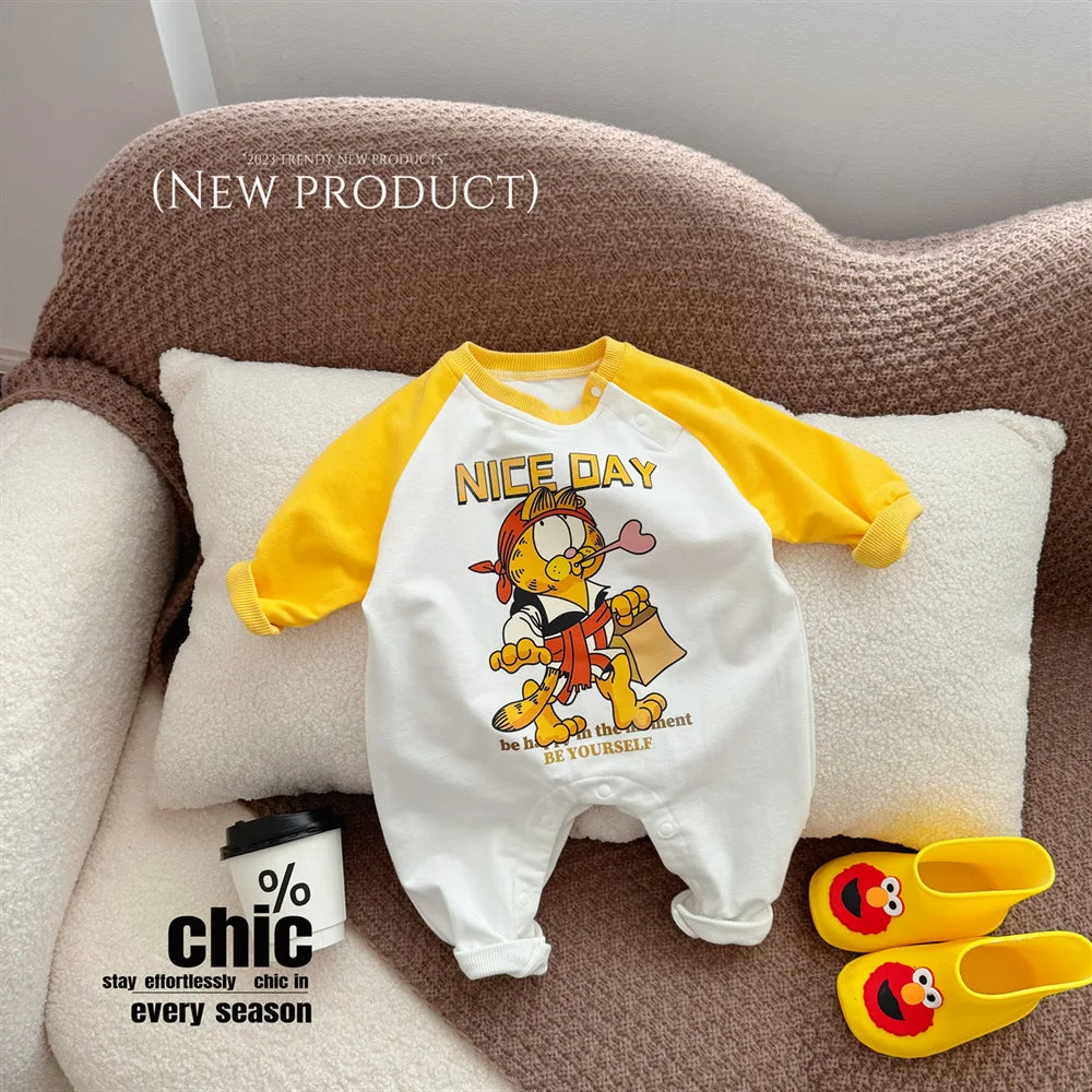 Cartoon gelber Bär gestreifter Body Frühling Herbst weiche Baumwolle Baby kleidung Overall Neugeborene Kleidung K6181-1.