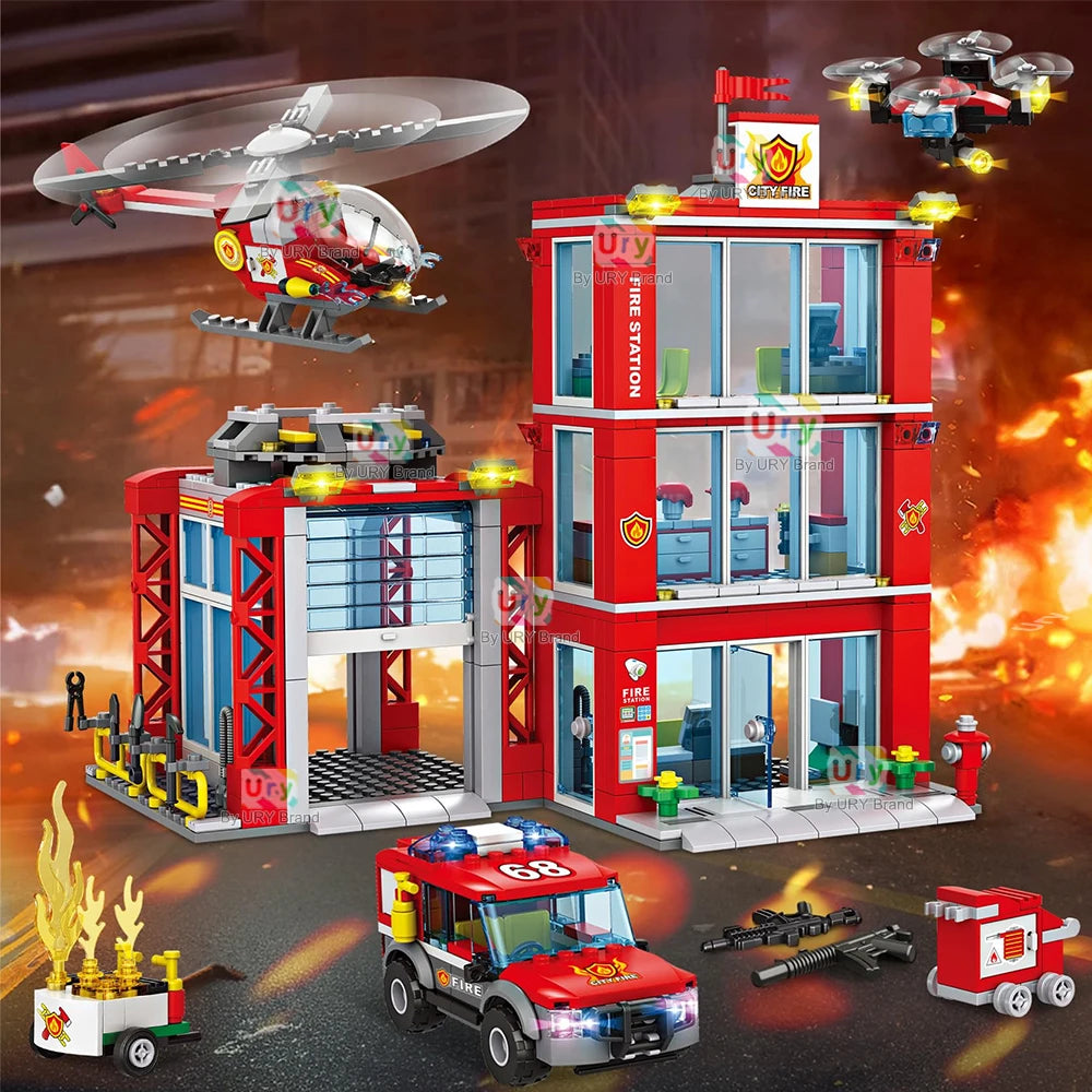 City Fire Station Ladder Truck Helicopter Car Rescue Boat Firefighter Figure Aircraft Model Moc Building Blocks Toy for Boy Gift.