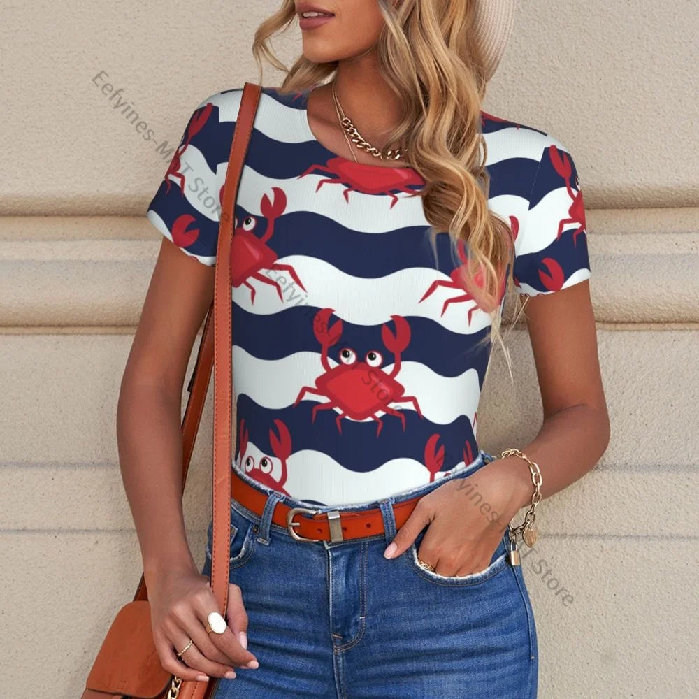 Frau schlanke Boden Overall nautische Krabben niedlichen Krabben und gestreiften Hintergrund weibliche kurze Overall Bodysiut sexy Kleidung.