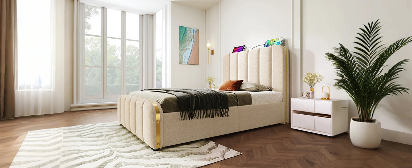 90*200 cm Flachbett, Rahmenbett, Polsterbett Einzelbett, mit gepolstertem Kopfteil, hydraulisches Stauraumbett (mit Matratze)