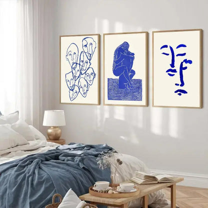 Abstract Blue Geometric Face Lines Canvas Painting Curve Girl Vase Dove Wall Art Posters Print Picture Nordic Bedroom Home Decor.