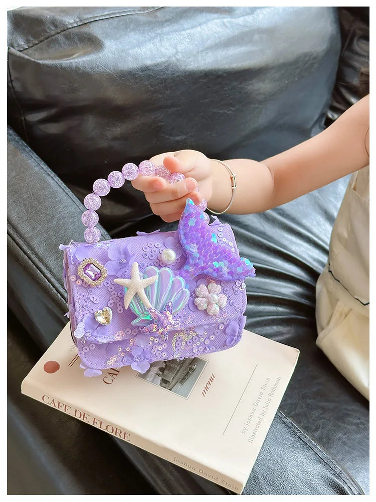 Lovely Sequin Girls Square Shoulder Bag Fish Tail Starfish Princess Crossbody Bags Bead Handle Children's Small Handbags Purse.