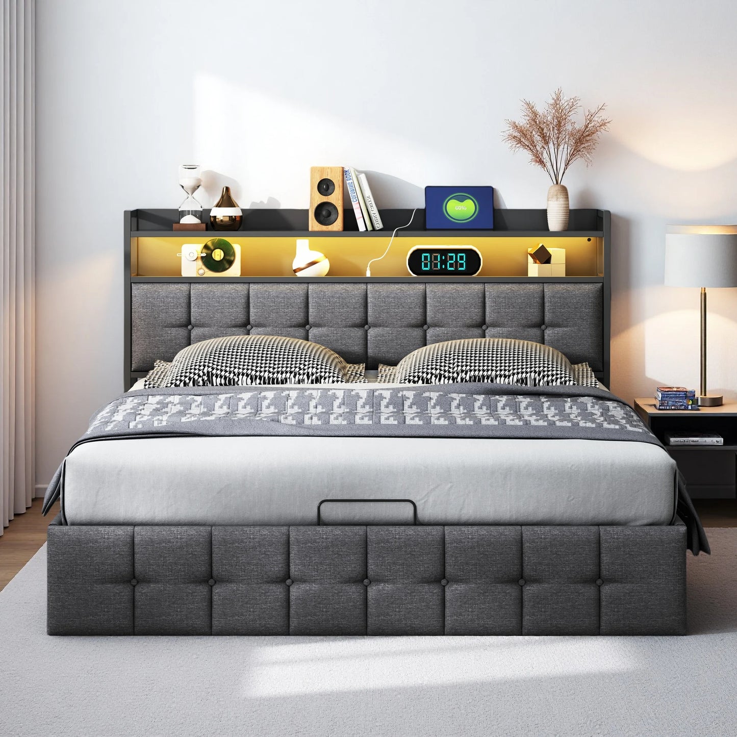 Rosahqnda Kissenbett, gepolstertes hydraulisches Bettgestell, graues Leinenkopfteil, Leinenstoff ohne Matratze