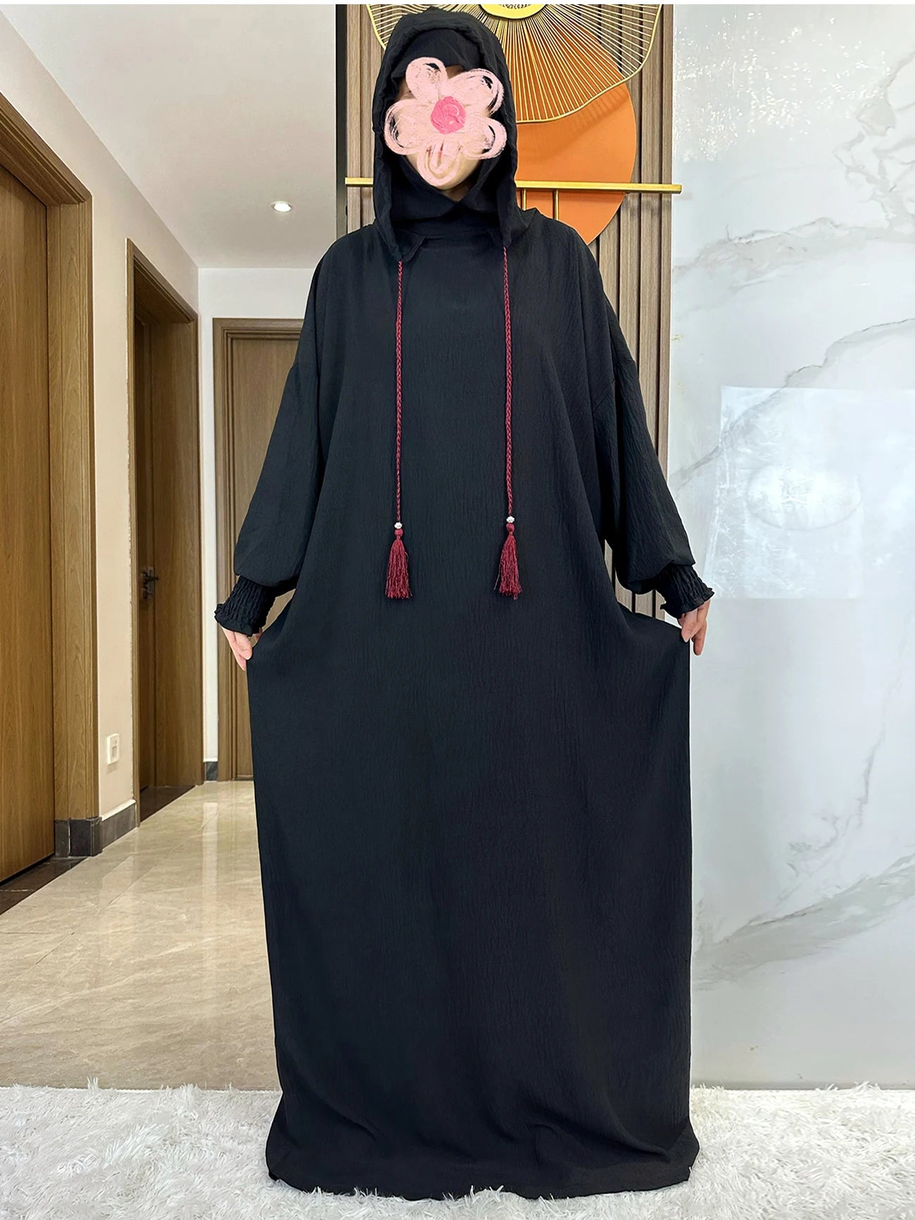 Muslim Abaya Solid Cotton Pullover Two Hat Women Eid Hooded Long Maxi Dress Turkey Kaftan Arab Robe Islamic Hijab Dubai Clothing
