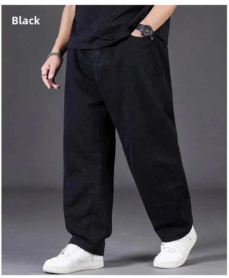 Plus Size Jeans Men's Autumn Loose-Fit Straight-Leg Casual Denim Pants Elastic Waist Wide-Leg Design For Plus Size Men
