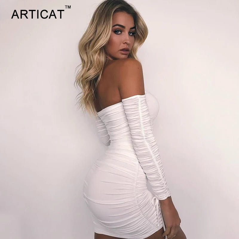 Arctic Cat Frauen Herbst Winter Verband Kleid Frauen 2022 Sexy Off Schulter Lange Hülse Dünne Elastische Bodycon Party Kleider Vestidos.