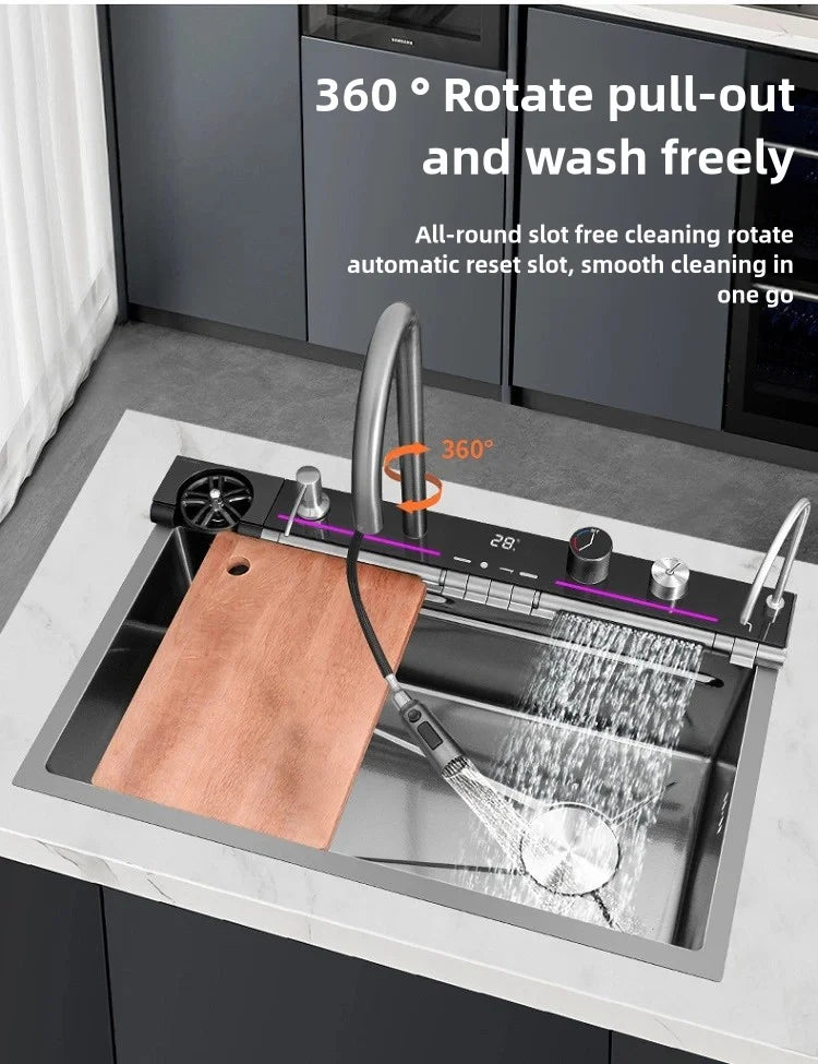 Stainless Steel Kitchen Sink Waterfall Faucet Large Single Sink Intelligent Dishwasher Sink Digital Display and Light Effects