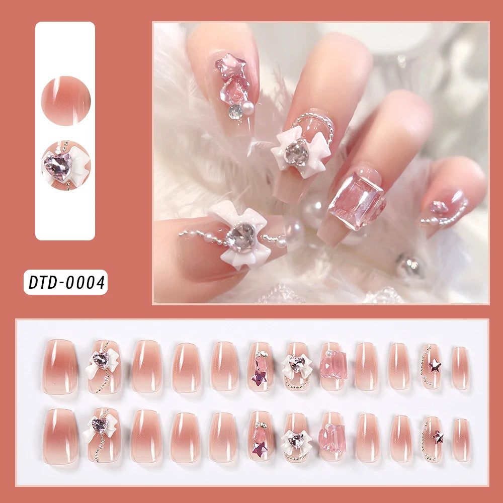 24Pcs Gold Ripple Brown Flowers False Nails with Rhinestones Pearl Design Wearable Almond False Nails Full Cover Press on Nails.