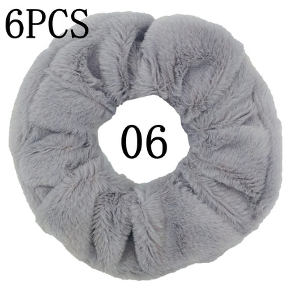 6pc Hair Scrunchies Furry Elastic Band Women Girl Ponytail Holder Rubber Ties Accessories Plush Faux Fur Soft Chiffon Headband