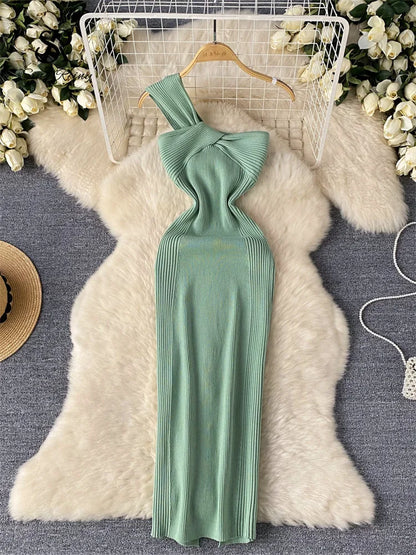 SINGREINY Einzelnen Schulter Tinte Stricken Kleid Backless Tank Gestreiften Schlank Bodycon Sommerkleid Frauen Sommer Beachwear Sexy Chic Vestidos