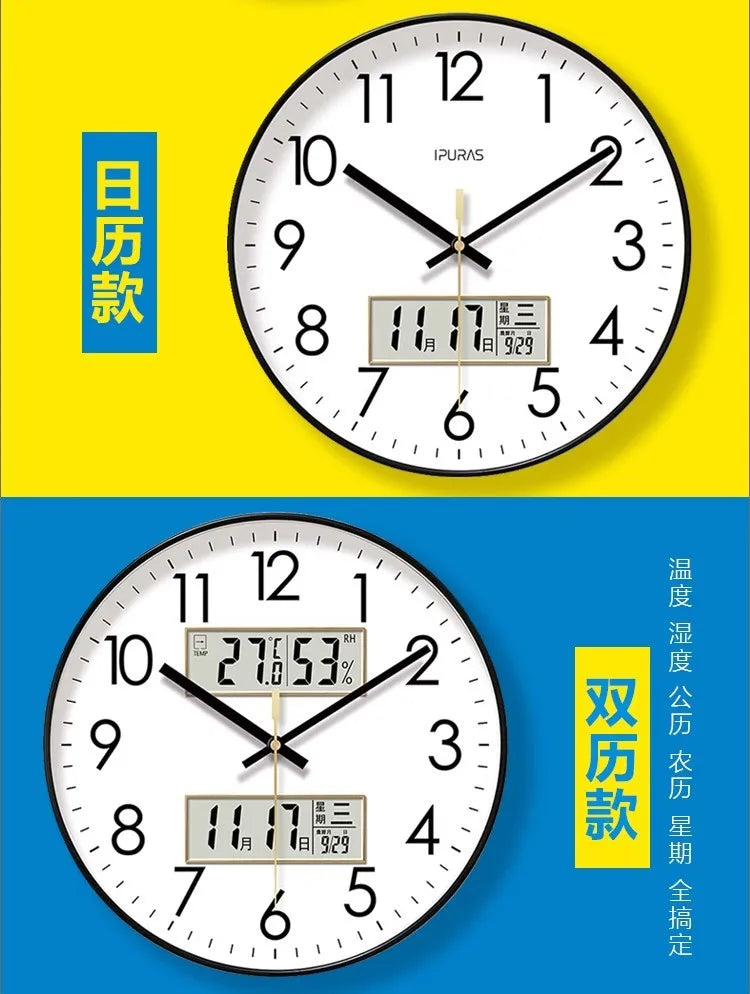 2025, neue 10/12/14 Zoll Temperatur und Luftfeuchtigkeit, elektronischer Kalender, multifunktionale Wanduhr, Dual-Display, stummgeschaltete Quarzuhren