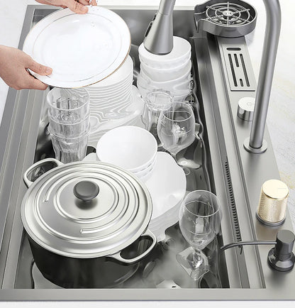 Wasserfall-Küchenspüle aus Edelstahl, extra groß, mit einem Schlitz, multifunktionale Geschirrspülbecken, Unterbaubecken, Tassenwascher