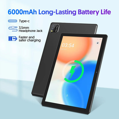 BAKEN Android 15 tablet, 10-inch, 12 (3+9)GB RAM + 64GB ROM, quad-core, 6000mAh battery, includes a free protective case.