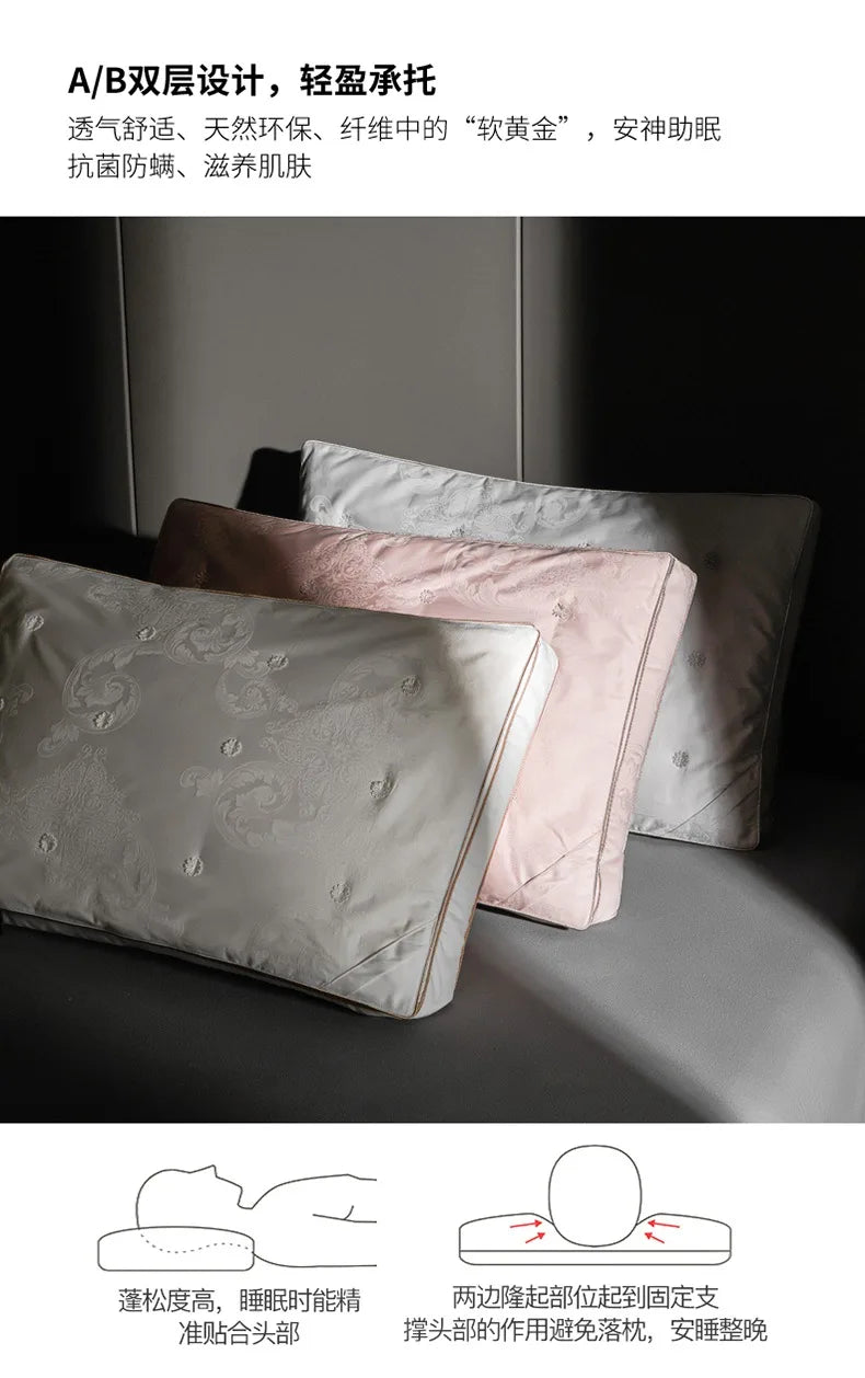 Pure Cotton Satin Jacquard Silk Pillows 48*74cm Mulberry silk Filling Anti Mite Soft Fluffy Hotel Sleeping Bedding Pillows.