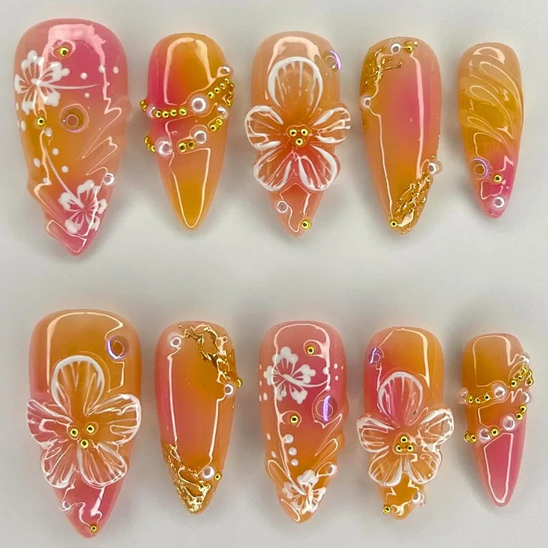 24pcs White Flower Fake Nail Tips Ins Yellow Pink Blush False Nails Wearable Full Cover European Almond Shaped Press on Nails.