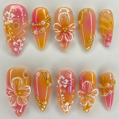 24pcs White Flower Fake Nail Tips Ins Yellow Pink Blush False Nails Wearable Full Cover European Almond Shaped Press on Nails.