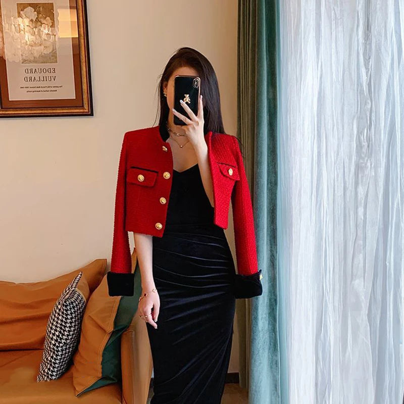 Mode Nähen Tweed Kurze Jacke Frauen Herbst Winter Elegante Büro Dame Mantel Y2K Koreanische O Neck Einreiher Crop Outwear