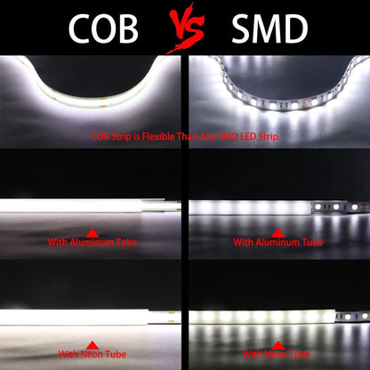 COB-LED-Streifenlicht, hohe Dichte, lineare Beleuchtung, 480/528 LEDs/m, flexibles Band, warm, natürliches Weiß, Rot, Blau, Grün, Dekor, DC12/24 V.