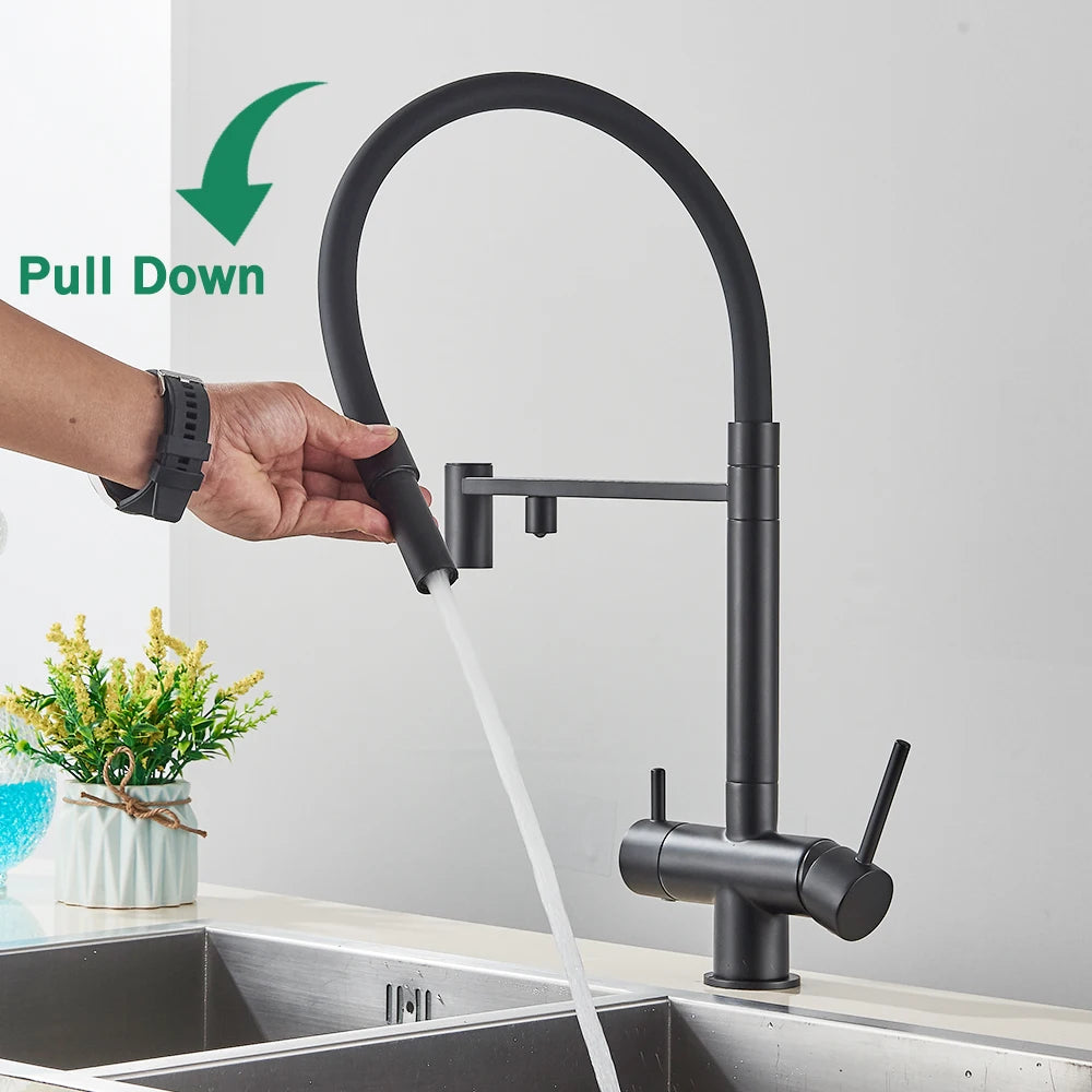 Rozin Filter Water Kitchen Faucet Black Pull Down Flexible Sprayer Faucets 2 in 1 Purification Pure Water Mixer Tap 360 Swivel