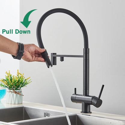 Rozin Filter Water Kitchen Faucet Black Pull Down Flexible Sprayer Faucets 2 in 1 Purification Pure Water Mixer Tap 360 Swivel