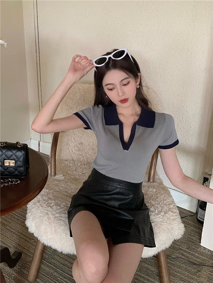 Jielur Spell Color Polo Knitting Women's Blouses Slim Sexy Short Sleeve Summer New Casual Female Blouse Chic Simple Office Lady