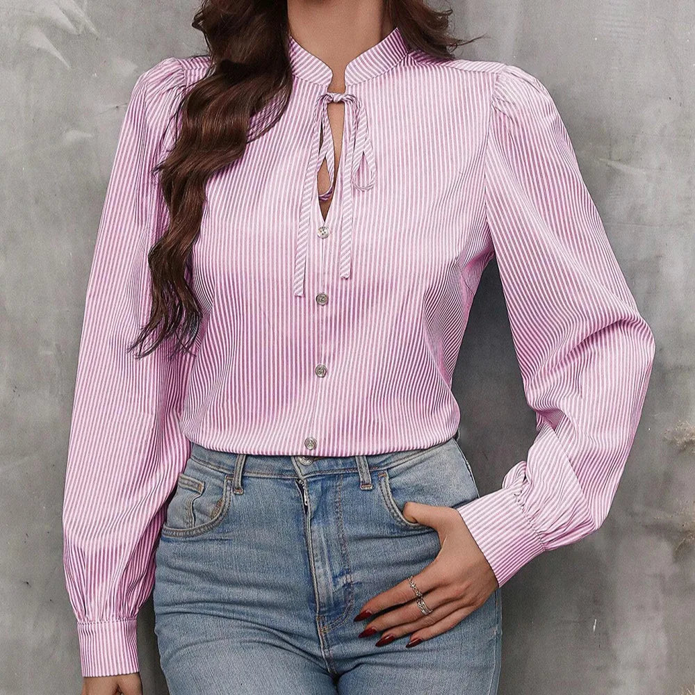 New Fashion Women's Color-coded Striped Casual Trendy Loose Single-breasted Pullover Long Sleeve Shirts Female Clothes T-shirts.