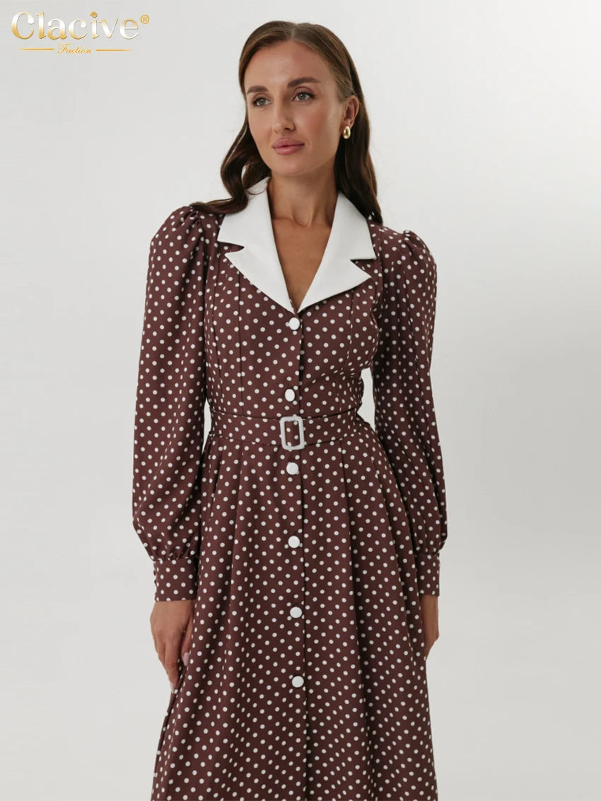 Clacive Mode Lose Druck Frauen Kleid 2025, Casual Revers Langarm Büro Dame Midi Kleider Elegante Klassische Gürtel Weibliche Kleid.