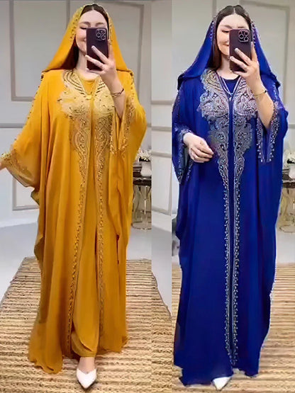 Eid Muslim Dress for Women Hooded Abaya 2 Piece Set Diamond Jalabiya Morocco Party Dresses Dubai Abayas Kaftan Vestido Long Robe.