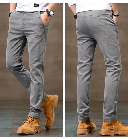 Men's Business Casual Pants Stretch Slim Fit Straight Semi-elastic Waist Trousers Solid Classic Office Work Male Clothing.