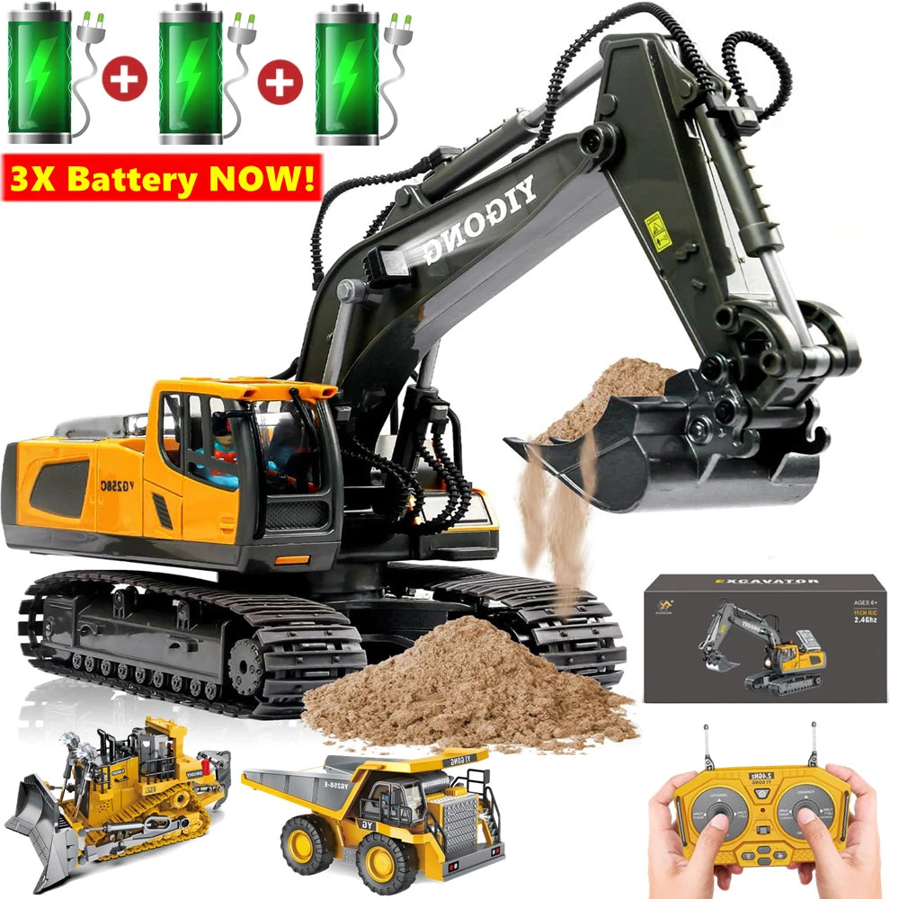 4WD Remote Control Excavator Toy Radio Controlled RC Dump Truck Vehicle Crawler Bulldozer Construction Car Gifts for Kids Boys.